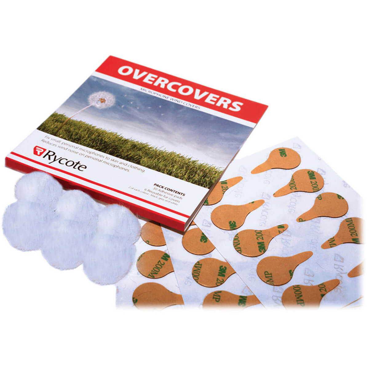 RYCOTE Overcovers White - 6 white fur discs with 30 stickies designed for lavalier microphones.