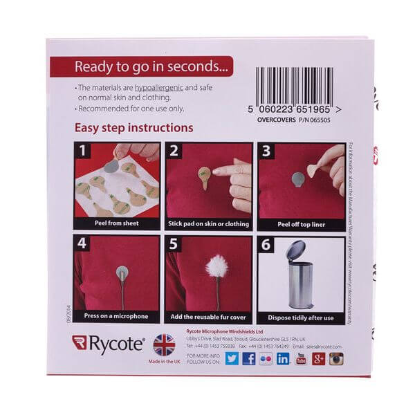 RYCOTE Overcovers Advanced Grey pack containing 25 stickers and 5 windscreens designed for lavalier microphones.