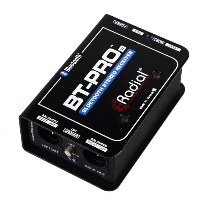 45 degree angle view of the Radial BT-Pro V2 Bluetooth DI Box for wireless audio integration.