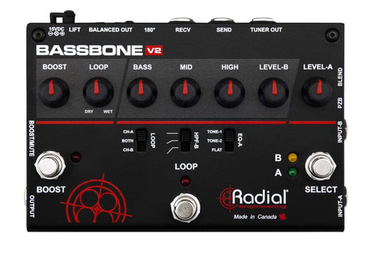 Top view of the Radial Bassbone V2 Bass Preamp for professional bass players.