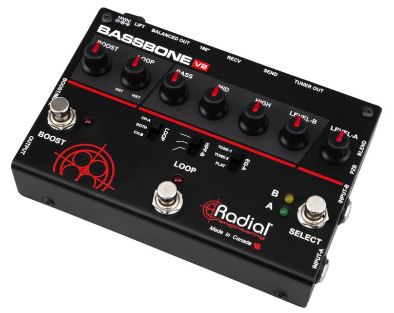 Right 45 degree angle view of the Radial Bassbone V2 Bass Preamp for professional bass players.