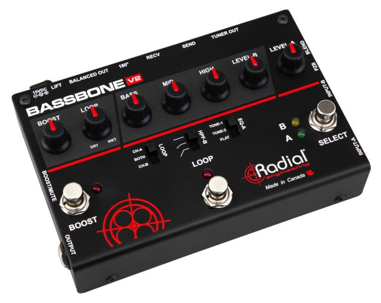 Left 45 degree angle view of the Radial Bassbone V2 Bass Preamp for professional bass players.
