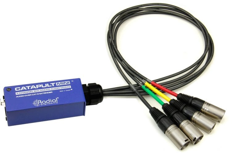 Top view of the Radial Catapult Mini Audio Snake for 4-channel audio over Ethernet Male.