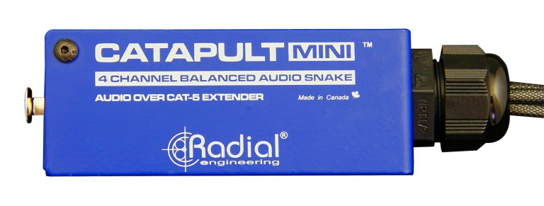 Close top view of the Radial Catapult Mini Audio Snake for 4-channel audio over Ethernet Male.