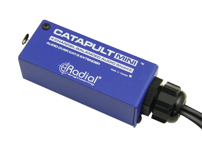 Left 45 degree angle view of the Radial Catapult Mini Audio Snake for 4-channel audio over Ethernet Male.