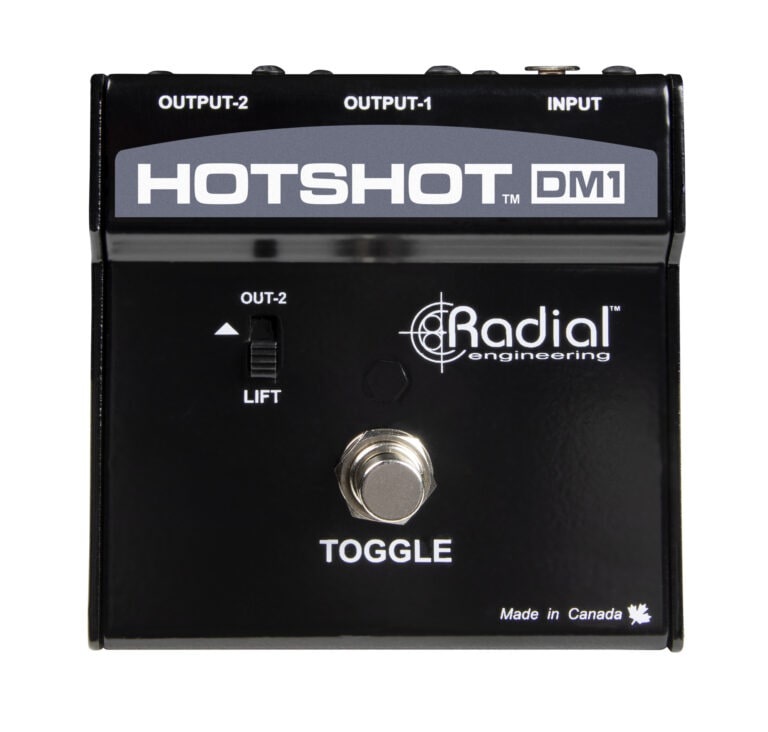 Top view of the Radial HotShot DM-1 Microphone Switcher for live performance.