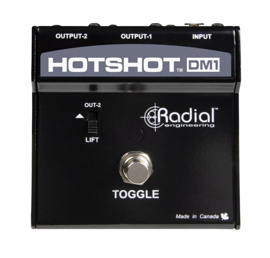 Top view of the Radial HotShot DM-1 Microphone Switcher for live performance.