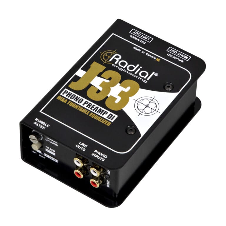 Right 45 degree angle view of the Radial J33 Stereo Phono Preamp and Direct Box for high-fidelity vinyl conversion.