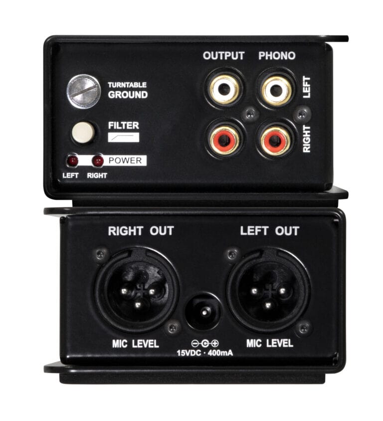 Right and Left side view of the Radial J33 Stereo Phono Preamp and Direct Box for high-fidelity vinyl conversion.