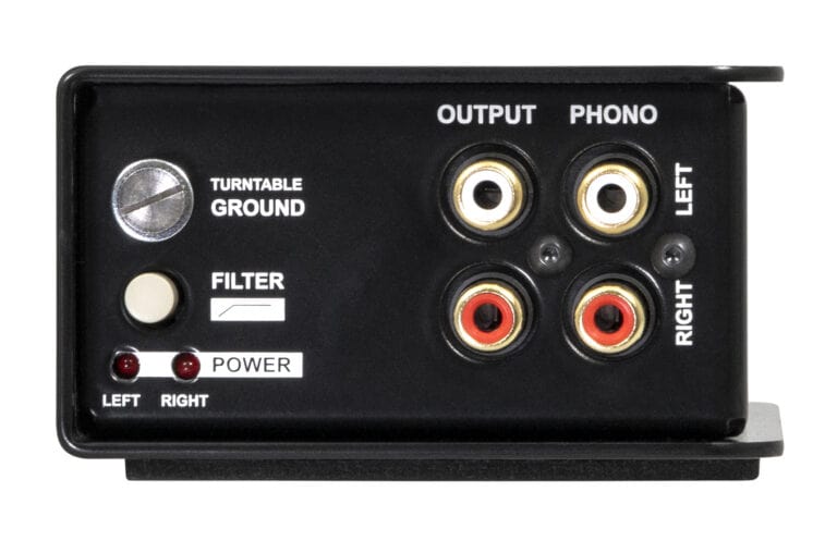 Left side view of the Radial J33 Stereo Phono Preamp and Direct Box for high-fidelity vinyl conversion.