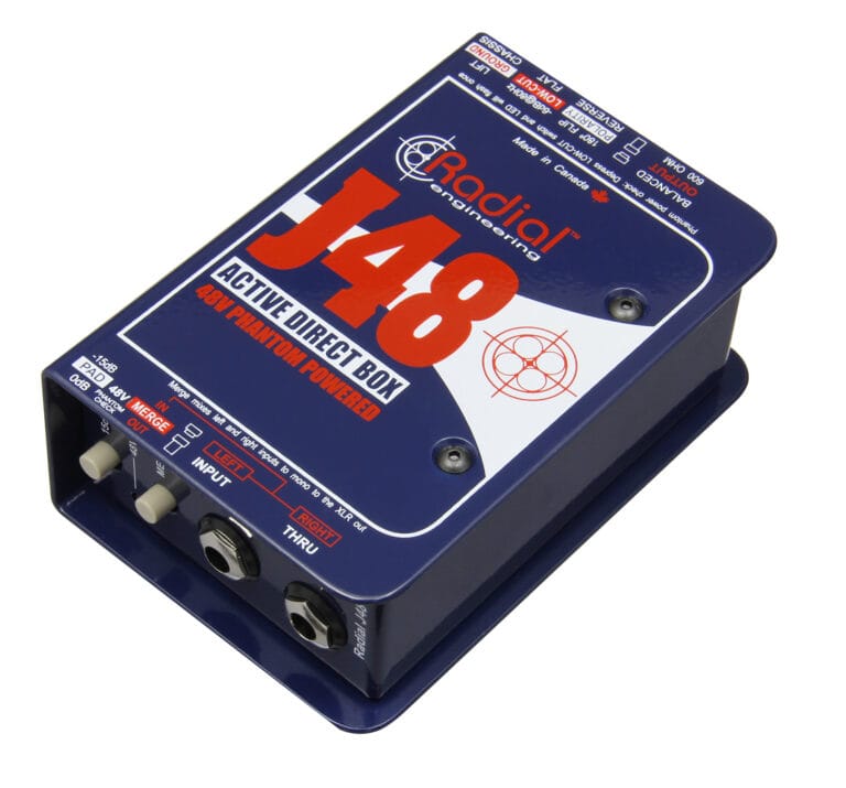 Right 45 degree angle view of the Radial J48 Active Direct Box for professional audio applications.