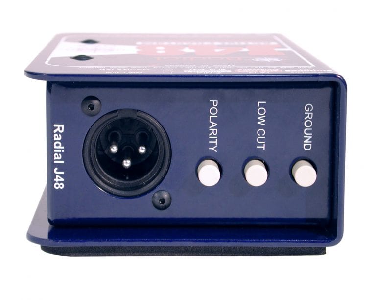 Right side view of the Radial J48 Active Direct Box for professional audio applications.