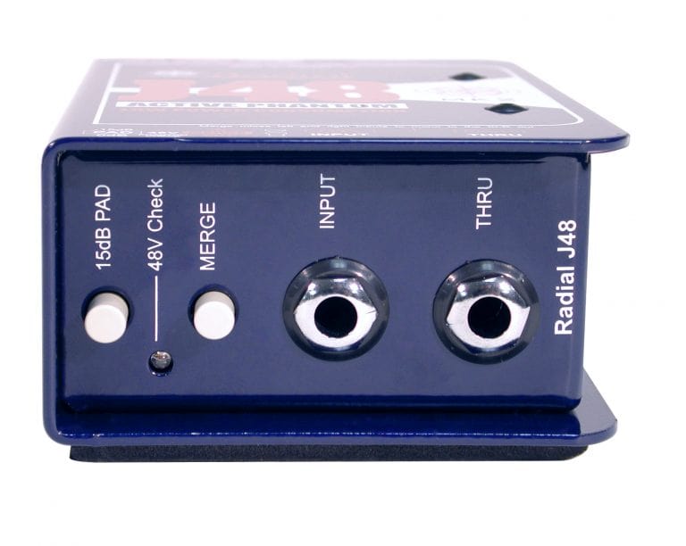 Left side view of the Radial J48 Active Direct Box for professional audio applications.