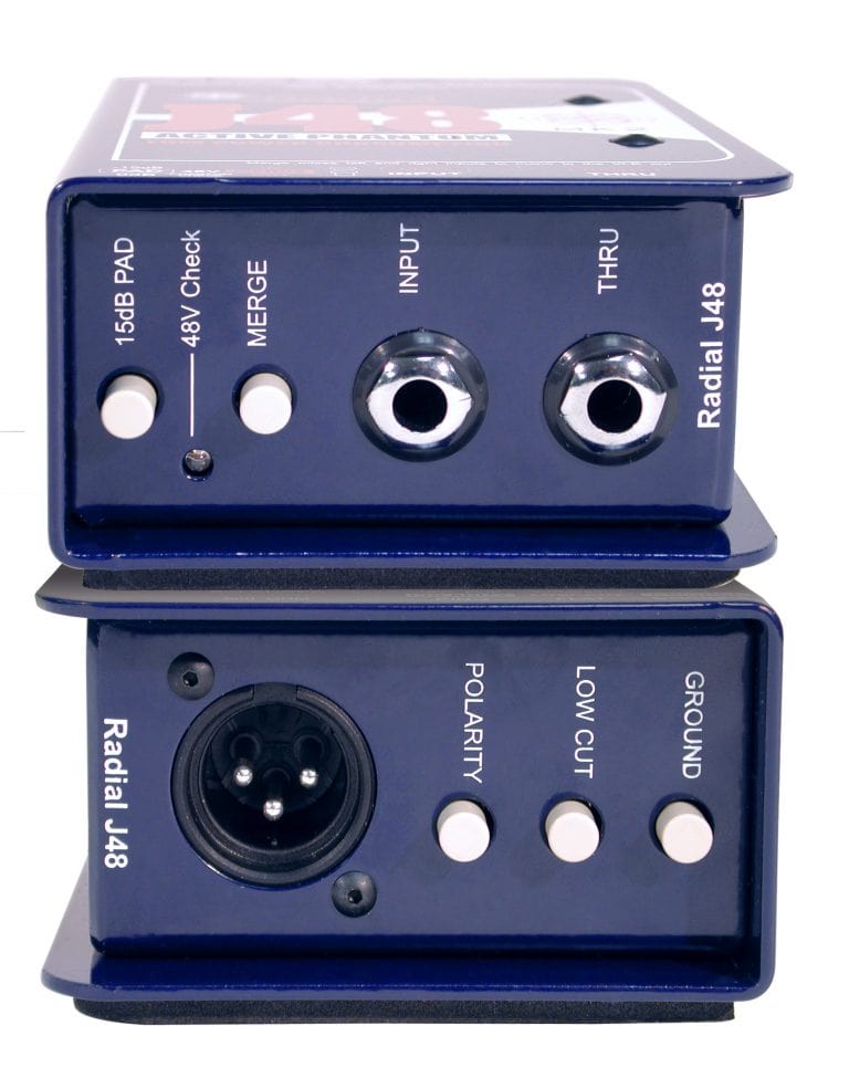 Right and Left side view of the Radial J48 Active Direct Box for professional audio applications.