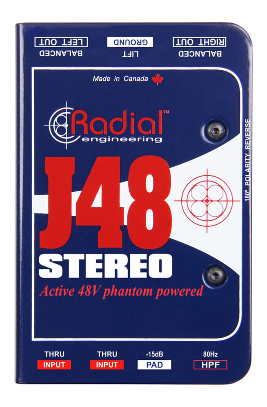 Top view of the Radial J48 Stereo Active Direct Box for professional audio applications.