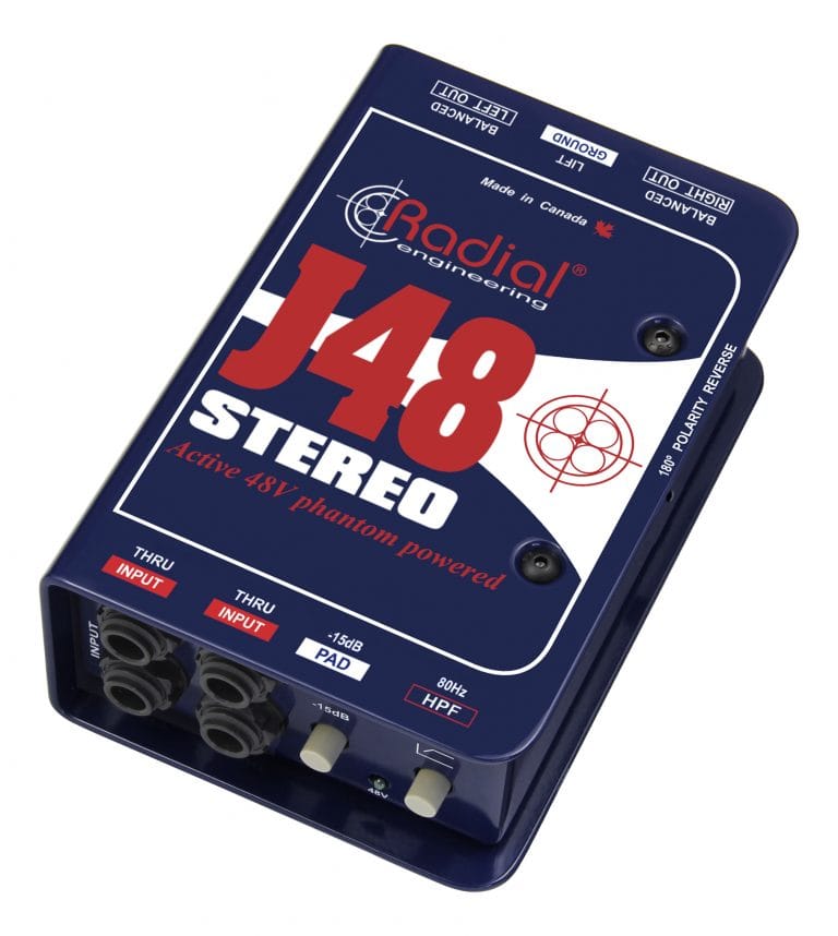 Right 45 degree angle view of the Radial J48 Stereo Active Direct Box for professional audio applications.
