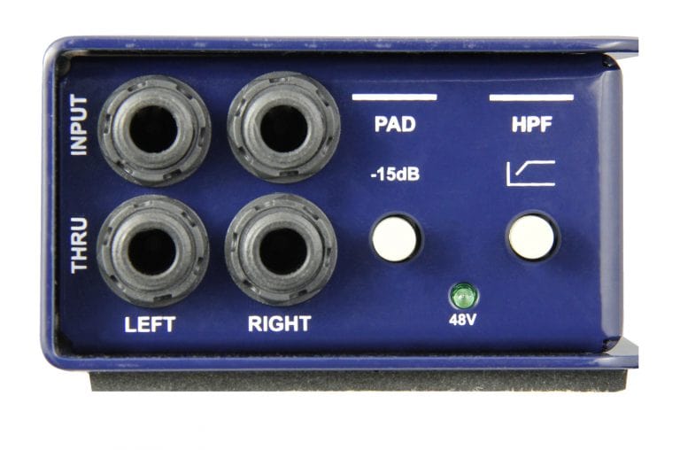 Left side view of the Radial J48 Stereo Active Direct Box for professional audio applications.