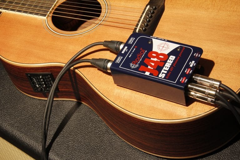 Lifestyle image view of the Radial J48 Stereo Active Direct Box for professional audio applications.