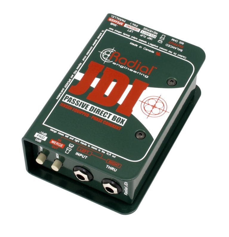45 degree angle view of the Radial JDI Passive Direct Box for keyboards, bass, and acoustic instruments.