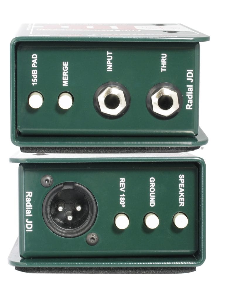 Right and Left side view of the Radial JDI Passive Direct Box for keyboards, bass, and acoustic instruments.