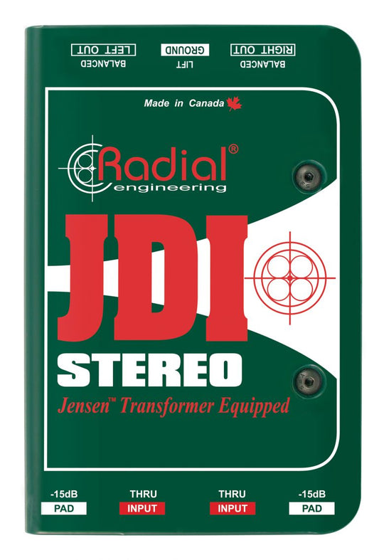 Top view of the Radial JDI Stereo Passive Direct Box for professional stereo applications.