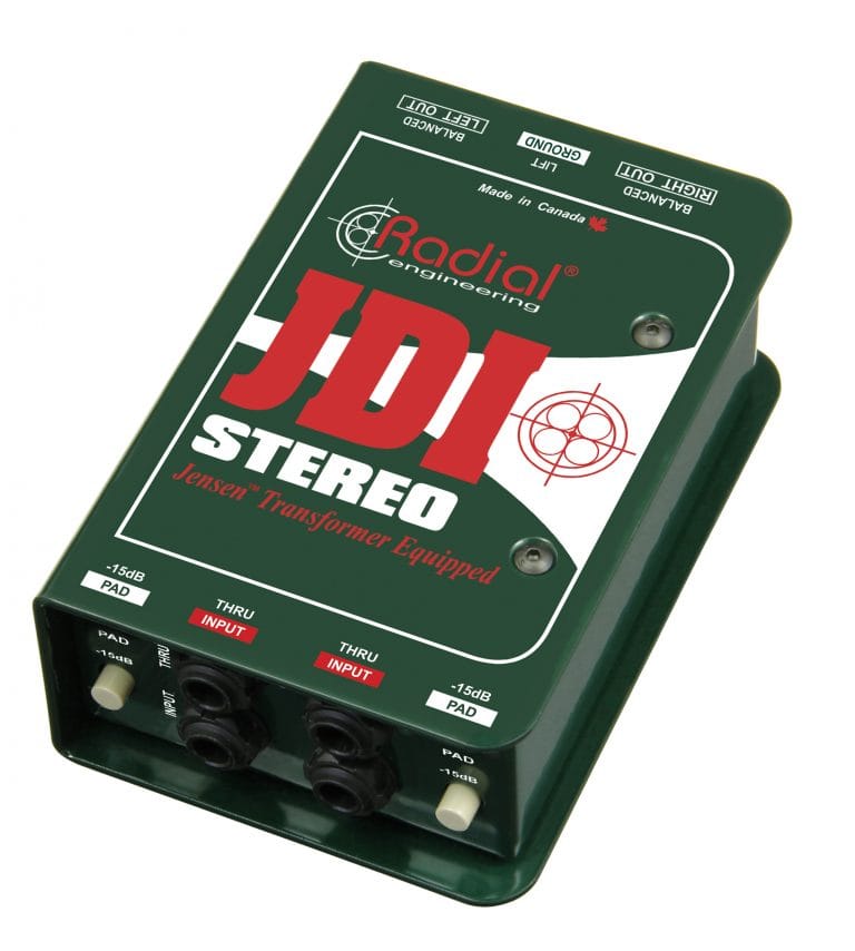 45 degree angle view of the Radial JDI Stereo Passive Direct Box for professional stereo applications.
