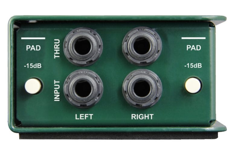 Left side view of the Radial JDI Stereo Passive Direct Box for professional stereo applications.