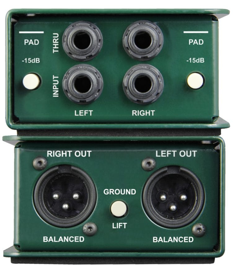 Right and Left side view of the Radial JDI Stereo Passive Direct Box for professional stereo applications.