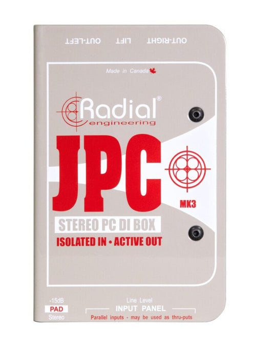 Top view of the Radial JPC Stereo Consumer to Mic Level Interface for connecting consumer audio devices to professional audio equipment.
