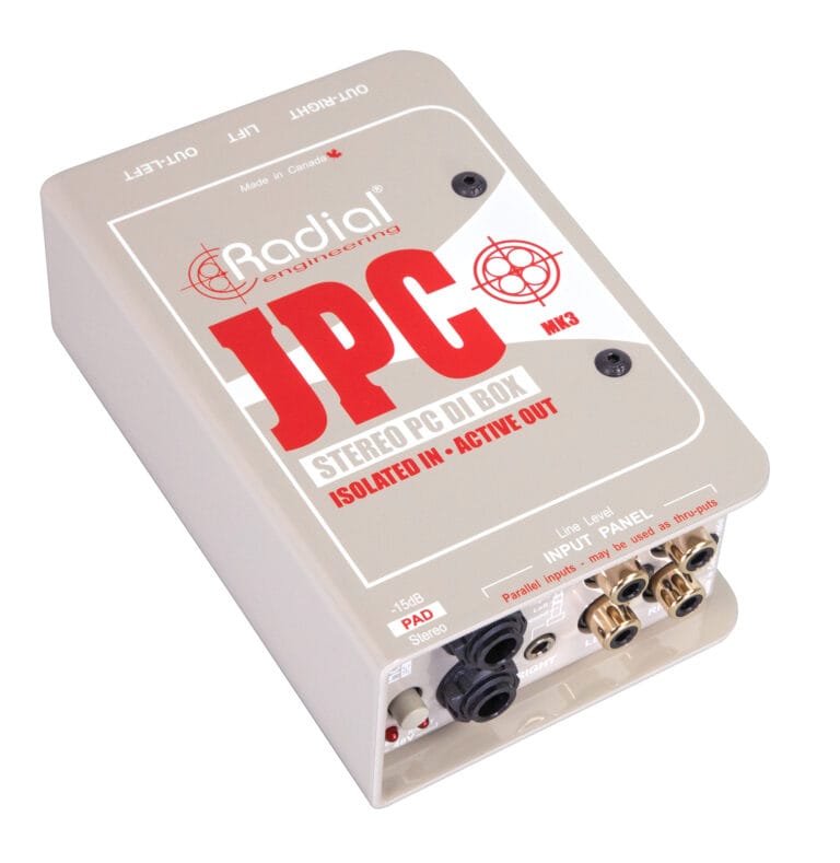 Left 45 degree angle view of the Radial JPC Stereo Consumer to Mic Level Interface for connecting consumer audio devices to professional audio equipment.