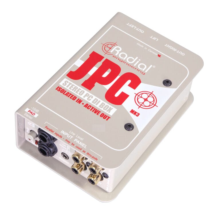 Right 45 degree angle view of the Radial JPC Stereo Consumer to Mic Level Interface for connecting consumer audio devices to professional audio equipment.