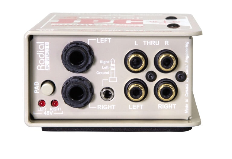 Left side view of the Radial JPC Stereo Consumer to Mic Level Interface for connecting consumer audio devices to professional audio equipment.