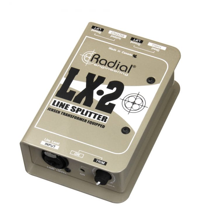 45 degree angle view of the Radial LX-2 Line Splitter and Attenuator for professional audio splitting and control.
