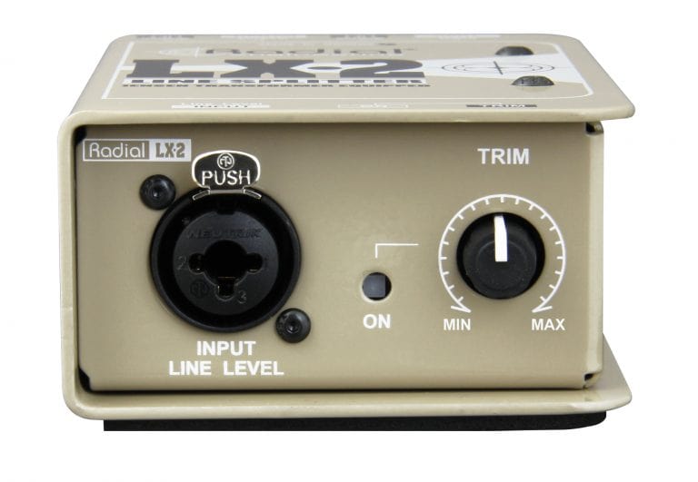 Left side view of the Radial LX-2 Line Splitter and Attenuator for professional audio splitting and control.