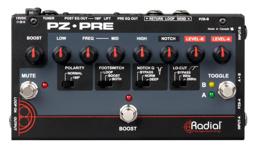Top view of the Radial PZ-Pre Acoustic Instrument Preamp for superior acoustic sound.