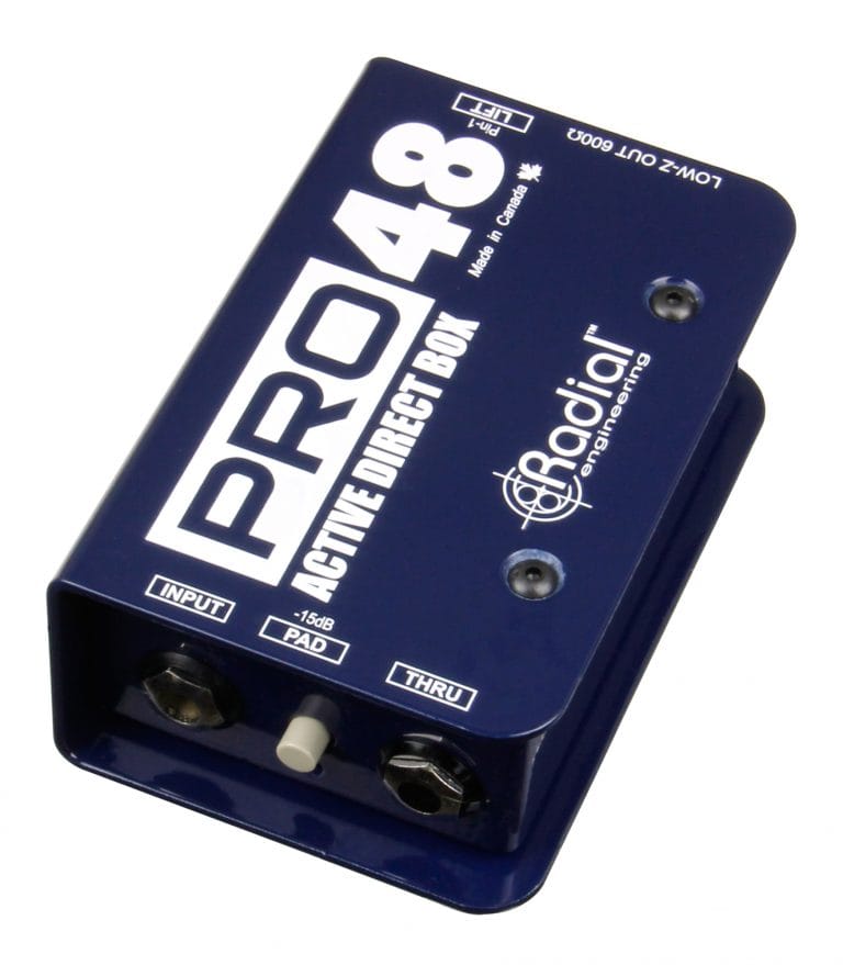 Right 45 degree angle view of the Radial Pro48 Active Direct Box for professional audio applications.