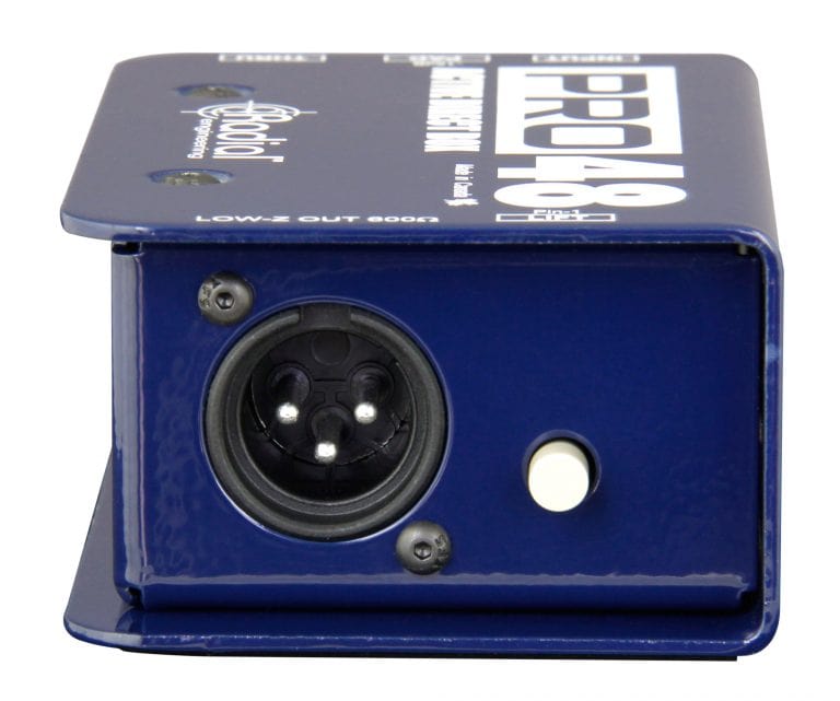 Right side view of the Radial Pro48 Active Direct Box for professional audio applications.