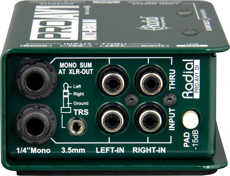 Left side view of the Radial ProAV1 Passive Direct Box for high-quality audio performance.