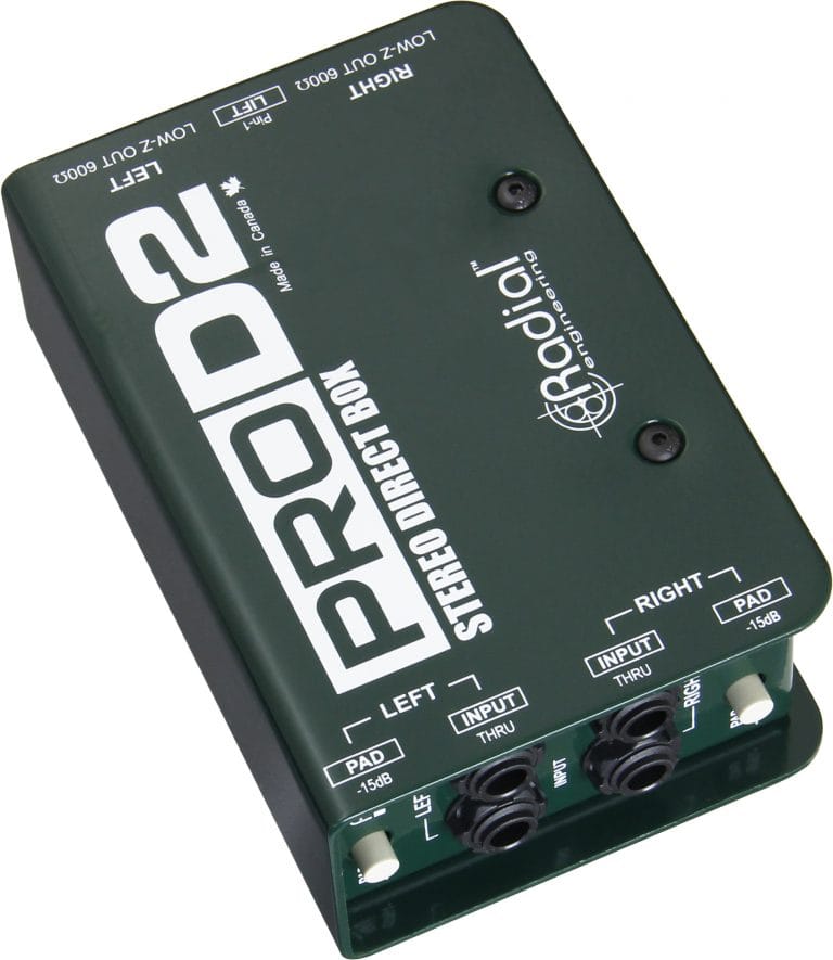 Left 45 degree angle view of the Radial ProD2 Stereo Passive Direct Box.