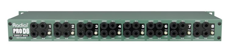 Front view of the Radial ProD8 8-Channel Passive Direct Box for professional concert touring.