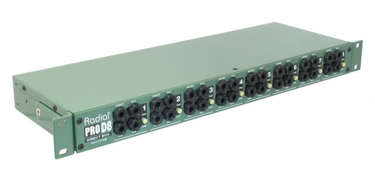 Right 45 degree view of the Radial ProD8 8-Channel Passive Direct Box for professional concert touring.