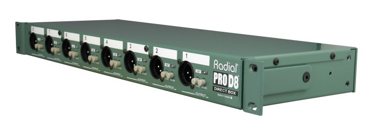 Left 45 degree view of the Radial ProD8 8-Channel Passive Direct Box for professional concert touring.
