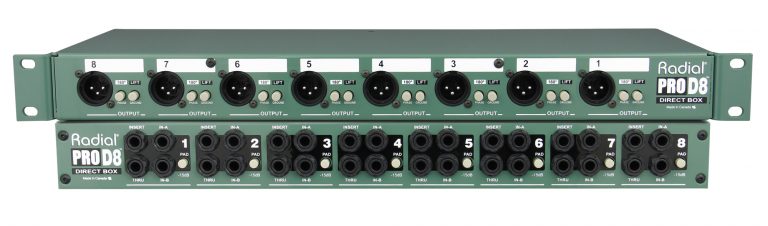 Front and back view of the Radial ProD8 8-Channel Passive Direct Box for professional concert touring.