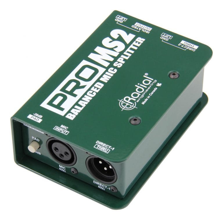 Right 45 degree angle view of the Radial ProMS2 Passive Microphone Splitter for professional audio splitting.