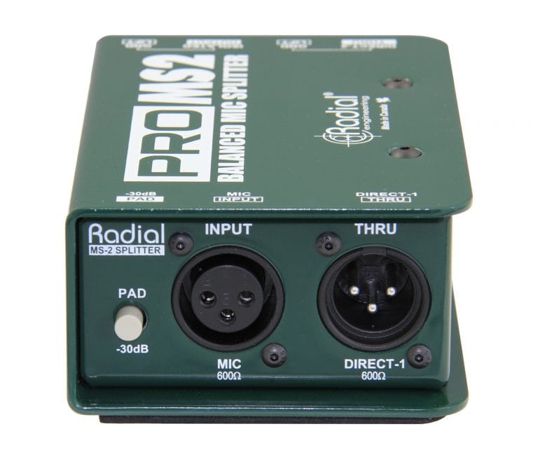 Left side view of the Radial ProMS2 Passive Microphone Splitter for professional audio splitting.