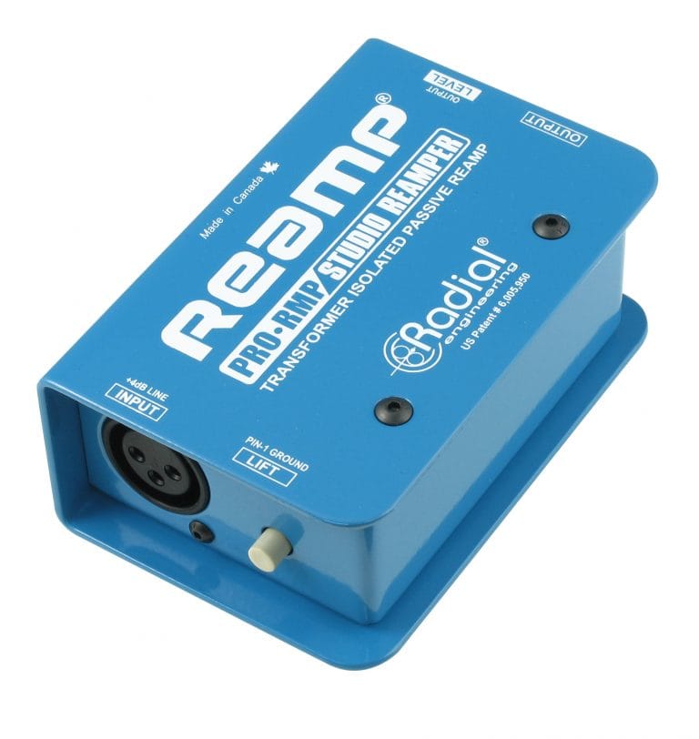Right 45 degree angle view of the Radial ProRMP Reamp Box for high-quality signal conversion.