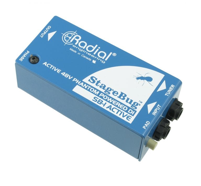 45 degree angle view of the Radial StageBug SB-1 1-Channel Active Direct Box for bass, keyboards, and acoustic guitars.
