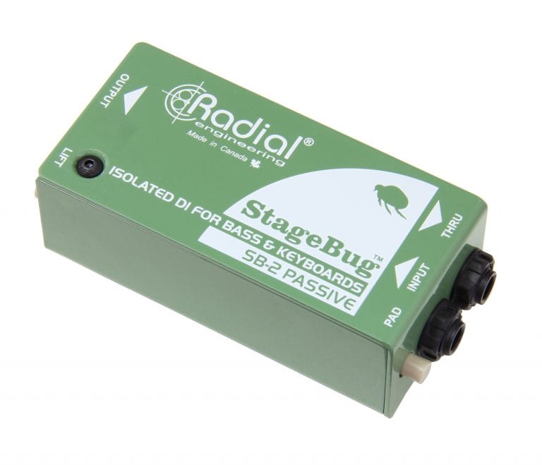 45 degree angle view of the Radial StageBug SB-2 1-Channel Passive Direct Box for bass, keyboards, and acoustic guitars.
