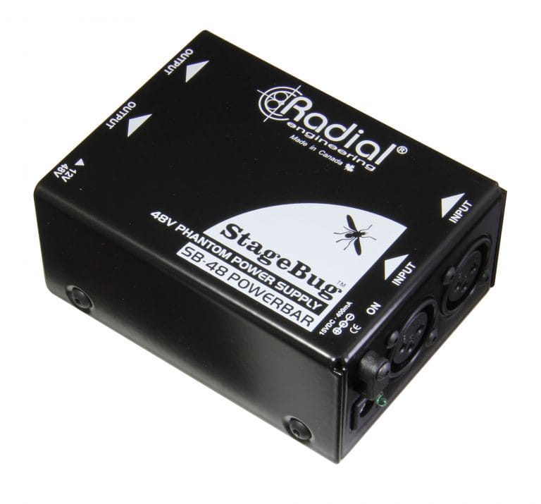 Left 45 degree angle view of the Radial StageBug SB-48 Phantom Power Supply for reliable 48V power.
