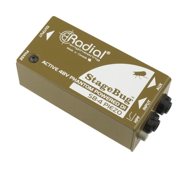 First 45 degree angle of the Radial StageBug SB-4 Piezo DI Box for piezo-equipped instruments.